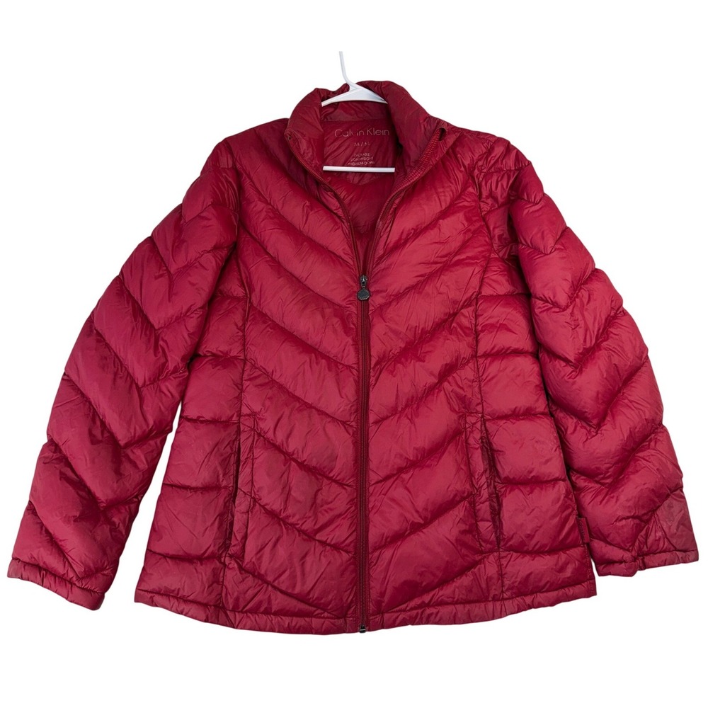 Calvin Klein Womens Red Packable Premium Down Puffer Jacket Size M Chevron Zip